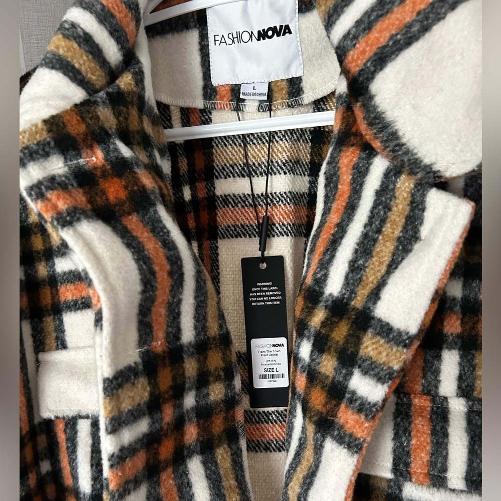 Fashion Nova Women's Plaid Jacket - Black, White, and Orange
